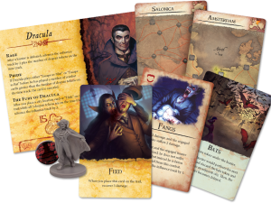 board game components, strategy card game, vampire theme, tabletop gaming, Dracula Van Helsing Game PNG