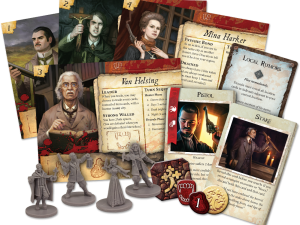 board game components, character cards, miniatures, tabletop strategy, Dracula Van Helsing Game PNG