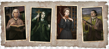 vintage portraits, dramatic expressions, historical characters, gothic imagery, Dracula Van Helsing Game PNG