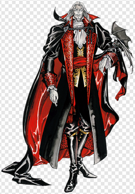 vampire character, gothic attire, red and black costume, fantasy illustration, Dracula Van Helsing Game PNG