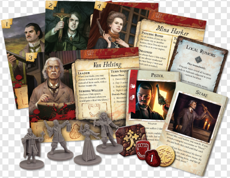 board game components, character cards, miniatures, tabletop strategy, Dracula Van Helsing Game PNG