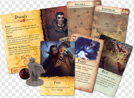 board game components, strategy card game, vampire theme, tabletop gaming, Dracula Van Helsing Game PNG