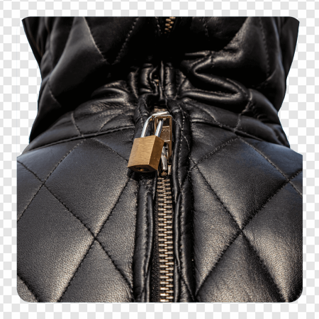 black leather jacket, quilted design, zipper detail, padlock accessory, Gimp Outfit PNG