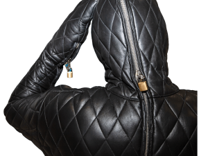 black leather jacket, quilted design, fashion statement, unique outerwear, Gimp Outfit PNG