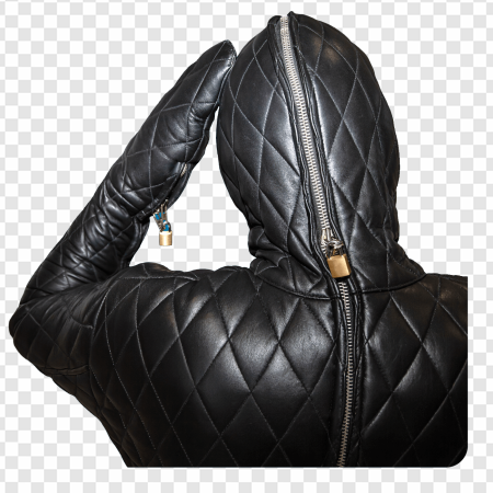 black leather jacket, quilted design, fashion statement, unique outerwear, Gimp Outfit PNG