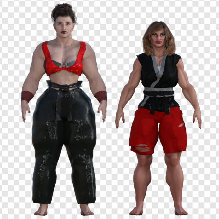 female characters, muscular women, digital art, stylized figures, Gimp Outfit PNG