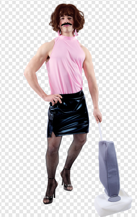 man in pink top, black skirt, fishnet stockings, playful pose, Gimp Outfit PNG