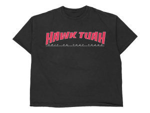 black graphic tee, cropped t-shirt, casual streetwear, trendy apparel, Hawk Tuah PNG