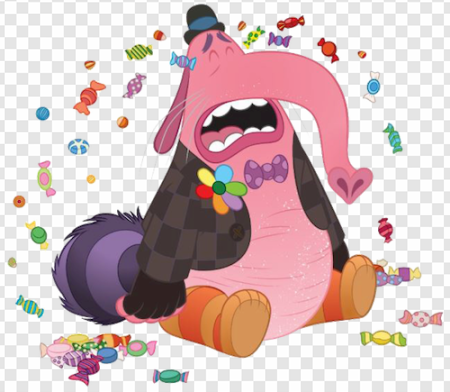 cartoon elephant character, animated sadness, colorful candies, whimsical design, Bing Bong – Inside Out PNG