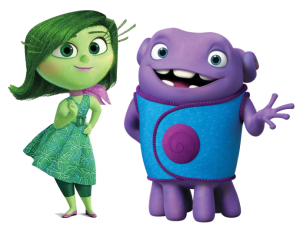 animated characters, green-haired female, purple creature, family-friendly film, Disgust – Inside Out PNG