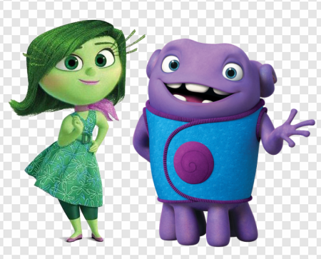 animated characters, green-haired female, purple creature, family-friendly film, Disgust – Inside Out PNG