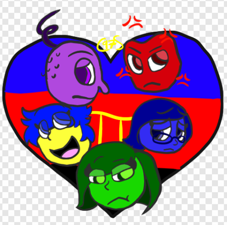 cartoon characters, colorful emotions, heart symbol, animated faces, Disgust – Inside Out PNG