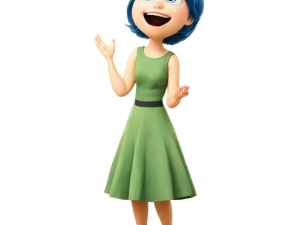 animated character, joyful expression, blue hair, green dress, Joy – Inside Out PNG