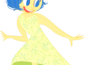 animated character png, joyful expression, blue hair, yellow dress