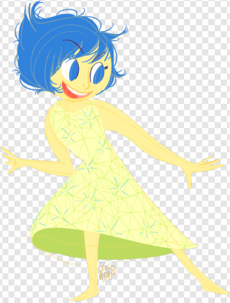 animated character png, joyful expression, blue hair, yellow dress