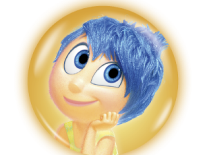 animated character, positive emotion, blue hair, cheerful expression, Joy – Inside Out PNG