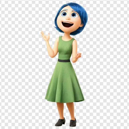 animated character, joyful expression, blue hair, green dress, Joy – Inside Out PNG