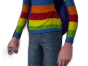 animated character, colorful striped sweater, backpack, cartoon style, Inside Out PNG