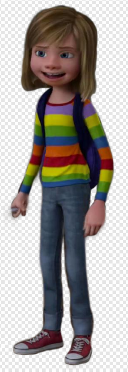 animated character, colorful striped sweater, backpack, cartoon style, Inside Out PNG