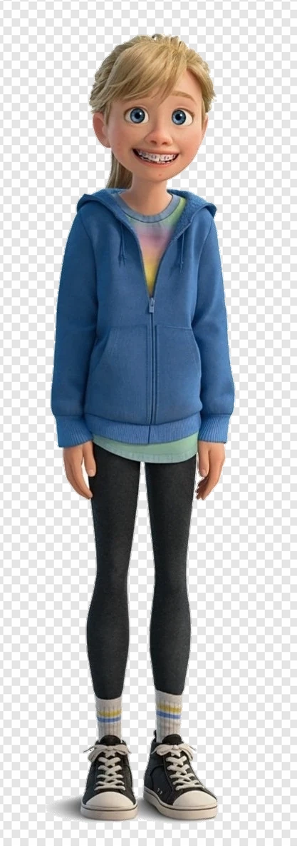 animated character, casual outfit, blue hoodie, digital art, Inside Out PNG