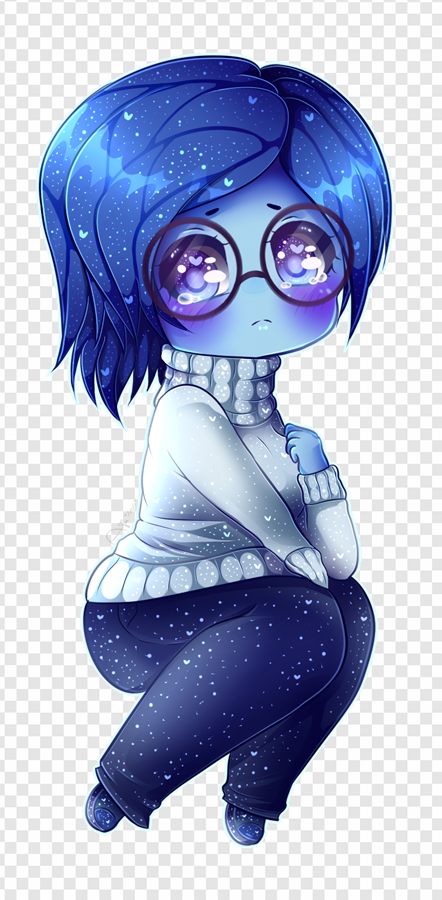 anime character, blue hair, cute sweater, oversized glasses, Sadness – Inside Out PNG