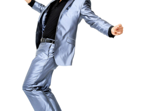 dancing man, silver suit, energetic pose, stylish outfit, John Barrowman PNG