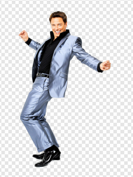 dancing man, silver suit, energetic pose, stylish outfit, John Barrowman PNG