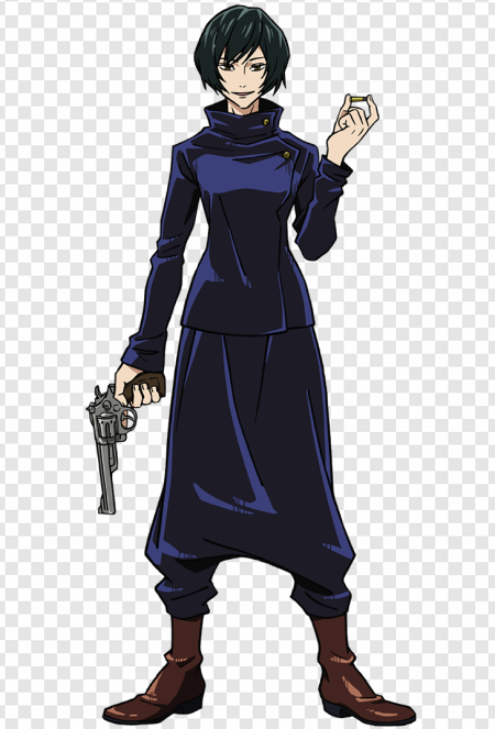 anime character, stylish outfit, holding gun, dark theme, Jujutsu Kaisen JJK Cursed Energy PNG