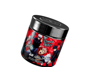 anime-inspired energy powder, gamer supplement container, vibrant character design, performance-enhancing formula, Jujutsu Kaisen JJK Cursed Energy PNG