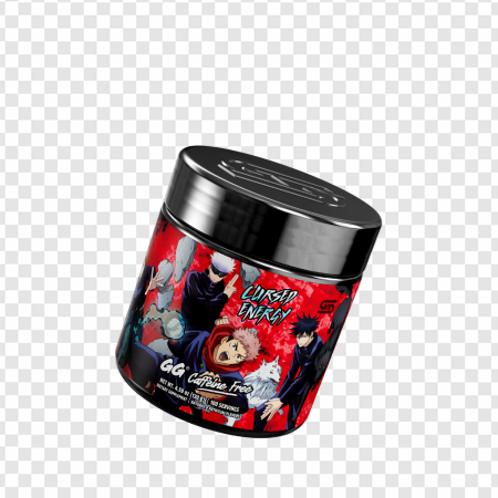 anime-inspired energy powder, gamer supplement container, vibrant character design, performance-enhancing formula, Jujutsu Kaisen JJK Cursed Energy PNG