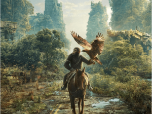 gorilla on horseback, eagle in flight, post-apocalyptic landscape, nature reclaiming urban ruins, Kingdom of the Planet Apes PNG