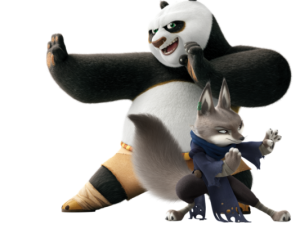 animated panda character, martial arts animals, action adventure duo, cartoon fighting scene, Kung Fu Panda PNG