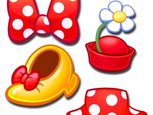 red polka dot bow, yellow shoe with bow, flower in pot, red hat, Marguerite Emoji PNG