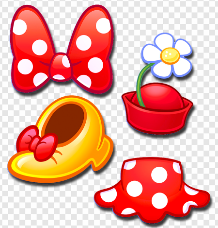 red polka dot bow, yellow shoe with bow, flower in pot, red hat, Marguerite Emoji PNG