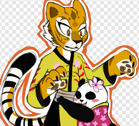 cartoon characters, tiger and panda, colorful illustration, playful interaction, Master Tigress PNG