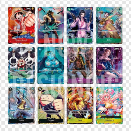 trading cards, collectible cards, anime characters, fantasy art, gaming collectibles, card game designs, One Piece Card Games PNG