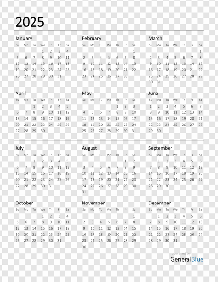 Calendar Overview 2025, Yearly Planner, Monthly Schedule, Time Management Tool, Calendar 2025 PNG