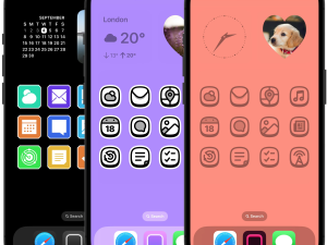 smartphone interface, app icons display, customizable themes, mobile device screens, iOS 18 PNG