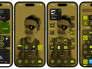 pirate theme smartphone, yellow aesthetic interface, child with eye patch, mobile app icons, iOS 18 PNG